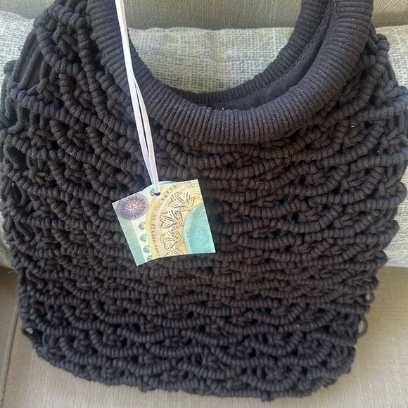 Sigrid Olsen Black Crochet Wooden Handled Handbag - Picture 2 of 7